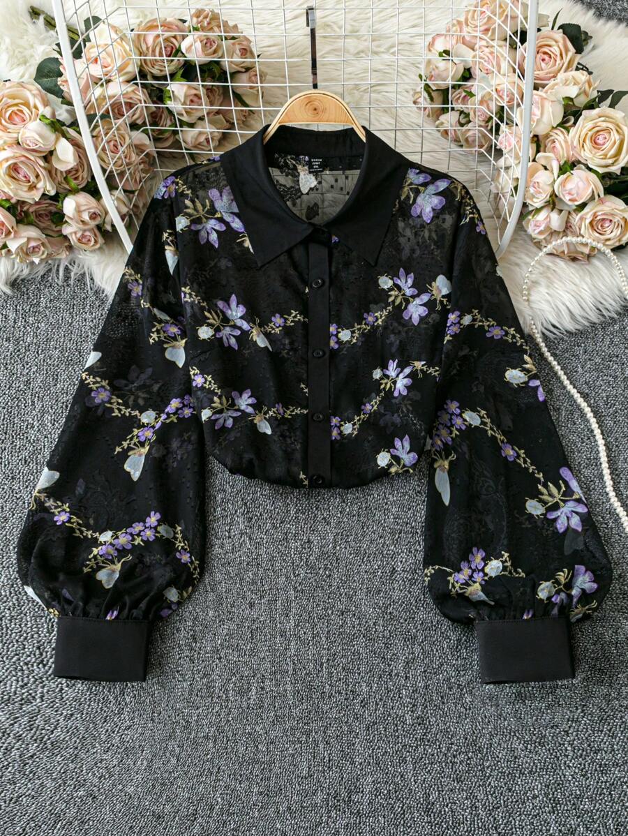 DreamSkyne 女式加大码花卉印花翻领长袖休闲衬衫 - 彩色 - 查看 1