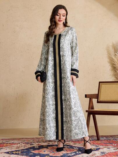 Al Najma 2025 春季新款花卉印花宽松 A 字裙，女士度假风圆领连衣裙，阿拉伯连衣裙