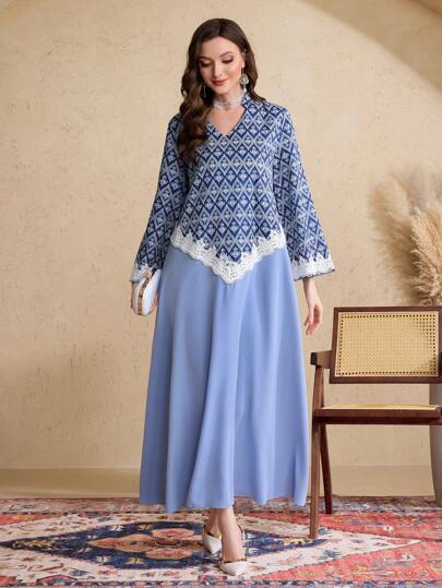 Al Najma 女式立领花卉印花拼布 A 字长袖阿拉伯连衣裙，阿拉伯连衣裙