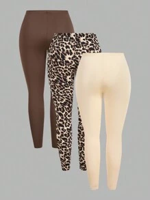 Slaydiva Set de 3 leggings casuales y simples de talla grande para mujer con estampado sólido y de leopardo, adecuados para el verano