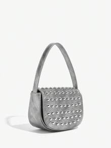 SHEIN ICON Bolso de hombro para damas y mujeres, bolso hobo, de moda, personalizado, simple, versátil, de calle, dulce y fresco para chicas, chicas calientes, Y2K, remaches, plateado, bolso de bolos, bolso Boston, Y3K, adolescentes
