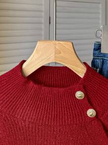 SHEIN Teenager Mädchen Elegante Rollkragen Pullover mit Schulteraussschnitt und Metall Knöpfen, geeignet für Feiertage, Vintage, Lässig Wear, Winter