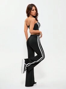 SHEIN EZwear Conjuntos de Roupas Femininas de Primavera/Verão para Sair, Streetwear, Esporte, Decoração com Textura Faixada, Top Tubular e Calças Flare em Duas Peças - Preto - Visão 2
