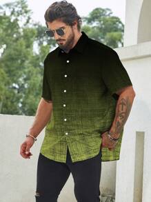 Manfinity Homme Men's Ombre Color Single-Breasted Casual Loose Short Sleeve Shirt - Army Green - View 4