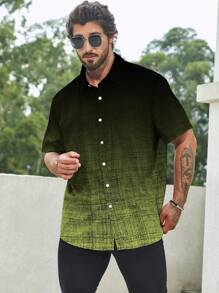 Manfinity Homme Men's Ombre Color Single-Breasted Casual Loose Short Sleeve Shirt - Army Green - View 6