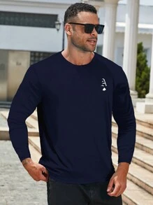 Manfinity LEGND Plus Size Men's Print Round Neck Long Sleeve Casual T-Shirt, Autumn - Navy Blue - View 3