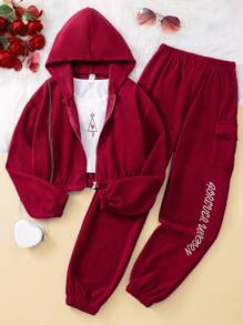 3 Stücke Teenager Mädchen Lässig Stil Energie Alltags Outfit - Langarm Zip Vorne Kapuzenjacke, geometrisches Drucktank Top und Hosen Set - Rot - Übersicht 1