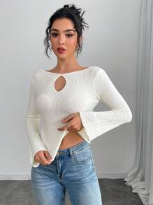 SHEIN Unity 女士纯色后背系带喇叭袖套头毛衣，秋冬针织套头衫 - 杏色 - 查看 3