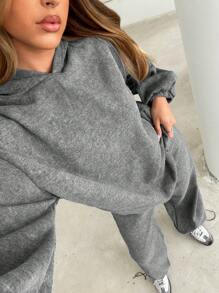 SHEIN Essnce 2 pièces/Set Femme Décontracté unicolore Épaule Tombante Manches Longues sweat-shirt à capuche & Pantalon Jambes Larges Set, Automne - Gris - Voir 5