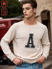 Manfinity Hypemode Men's Letter Jacquard Pattern Casual Crew Neck Long Sleeve Pullover Sweater, Versatile