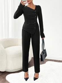 EURMUSE Asymmetric Ribbed Long Sleeve Top And Long Pants 2 Piece Set