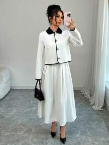 Elenzga Conjunto de chaqueta de manga larga de solapa de bloqueo de color con una hilera de botones y falda midi elegante y de moda para mujeres - Blanco - Ver 3