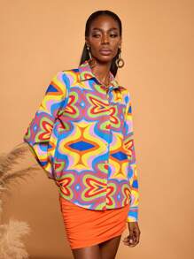 Abeille Creations Designer Boho Bohemian Women's Business Casual Vacation Multicolor Geometric Print Long Sleeve Shirt, For Going Out, Spring & Summer, Beach, Festival, Ibiza Fits, Office - Multicolor - View 4