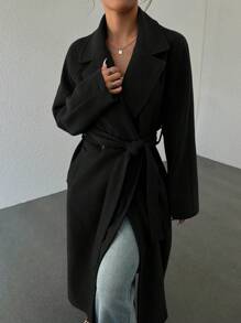 LYSMO 女士纯色前系带长袖口袋简约休闲长夹克 - 黑色 - 查看 5
