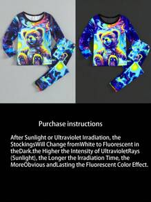Young Boys Tight Fitting Pajamas, Luminous Cartoon Bear Print Knit Long Sleeve Tee & Pants 2 Pieces Sleep Set, Comfortable & Elastic Fit - Blue - View 8
