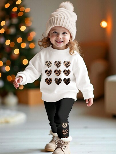 SHEIN Happikins Leopard Heart Design, Baby Girl Casual Soft Thick Knit Crew Neck Long Sleeve Sweatshirt And Leggings Set, Suitable For Autumn & Winter