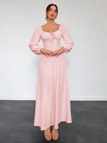 Aloruh Women's New Lantern Sleeve Long Sleeve Fitted A-Line Dress, Autumn/Winter - Pink - View 4