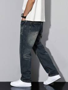 Manfinity Homme Men's Casual Distressed Tapered Fit Denim Jeans Dark Blue Distressed Straight Leg Dark Wash Jeans, For Husband, Boyfriend Gifts Going Out Hang Out Vacation Street Work