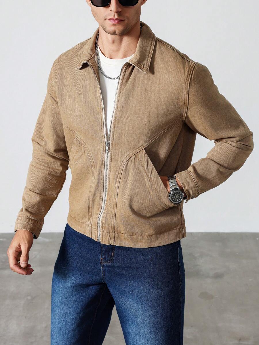 Manfinity Homme Men's Casual Washed Denim Jacket For Autumn