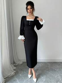 Chiquease 优雅的黑白拼布女式连衣裙