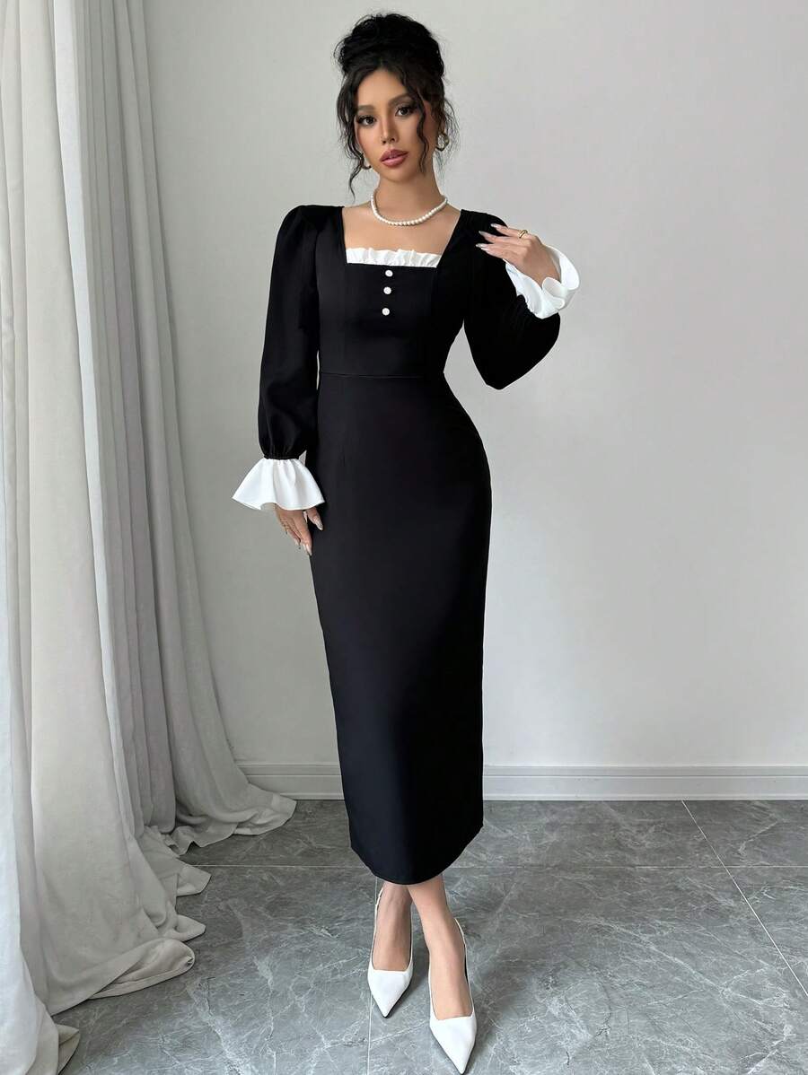 Chiquease 优雅的黑白拼布女式连衣裙