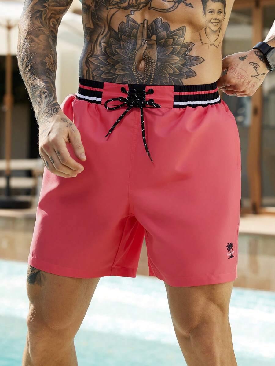 Surfspeed Men's Palm Tree Print Drawstring Waist Casual Beach Shorts Men Swim Trunks - Watermelon Pink - View 1