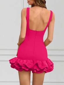 INAWLY Women's Solid Color Round Neck Sleeveless Puff Hem Fashionable Short Dress