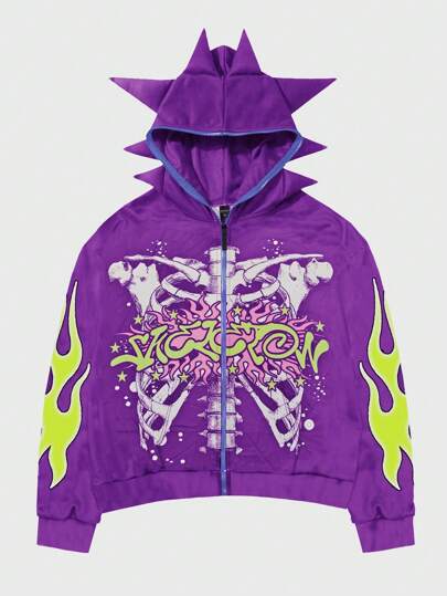 Sudadera con capucha de manga larga con estampado de letra y garra de esqueleto para hombre, ropa urbana