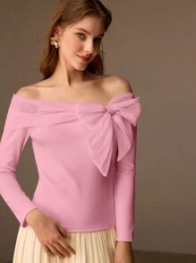 MOTF PREMIUM Camiseta con escote bardot y decoración de lazo