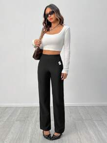 SHEIN PETITE 高腰斜口袋拼布直腿弹力编织黑色直筒裤 - 黑色 - 查看 5