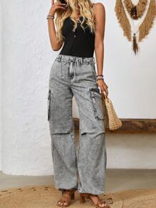 SHEIN LUNE Jeans amples à jambes larges, à cordon de serrage, à poches multiples, coupe décontractée pour femme