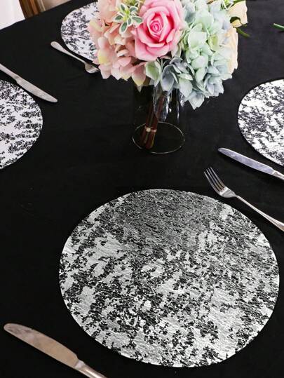 SHEIN 10/20/30/40/50 peças 13 polegadas redondo prata ouro metálico malha fina descartável jogo de caminho de mesa com folha brilhante design prensado para decoração de casa mesa de jantar casamento festa de aniversário decoração suprimentos para eventos banquete mesa festiva conjunto elegante presentes de feriado
