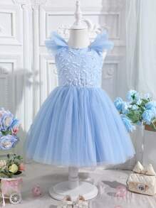 年轻女孩优雅盖袖网眼覆盖连衣裙，夏季 - 藍色 - 查看 3