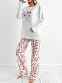 RueChic Cotton 2Pcs Contrast Colour Heart Printed PJ Set - White - View 5