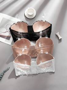 3pcs/Set Plus Size Front Button Lace Trim Underwire Bustier Set Lingerie - Multicolor - View 2