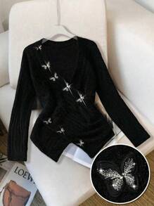 Celure Plus Size Solid V-Neck Butterfly Knit Waist-Cinched Asymmetrical Hem Women Sweater, For Winter