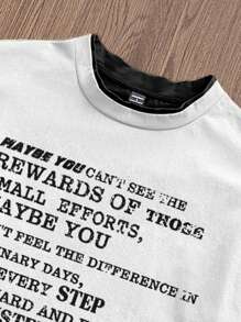 Manfinity Unisex 男士英文文字印花拼接宽松休闲日常针织长袖 T 恤 - 黑與白 - 查看 3