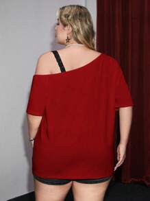 Betty Boop | ROMWE 大码卡通人物与唇印撞色蕾丝不对称领口落肩宽松 T 恤，夏季，图案 T 恤