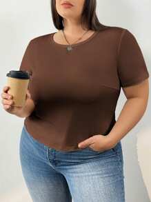 SHEIN CURVE+ CURVE PLUS /情人节/四件套加大码女式休闲简约纯色圆领短袖T恤，适合夏季穿着（不同颜色，黑色+白色+粉色+棕色） - 彩色 - 查看 6