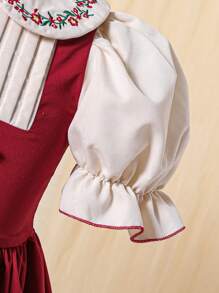 SHEIN Explorewe Young Girl Floral Embroidered Ruffle Collar Short Puff Sleeve 2 In 1 Cute Dress - Burgundy - View 3