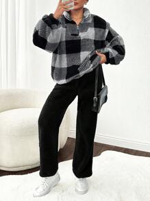 SHEIN Cottnline 2pcs Black & White Plaid Pattern Soft Teddy Fleece Fabric Set - Black - View 5