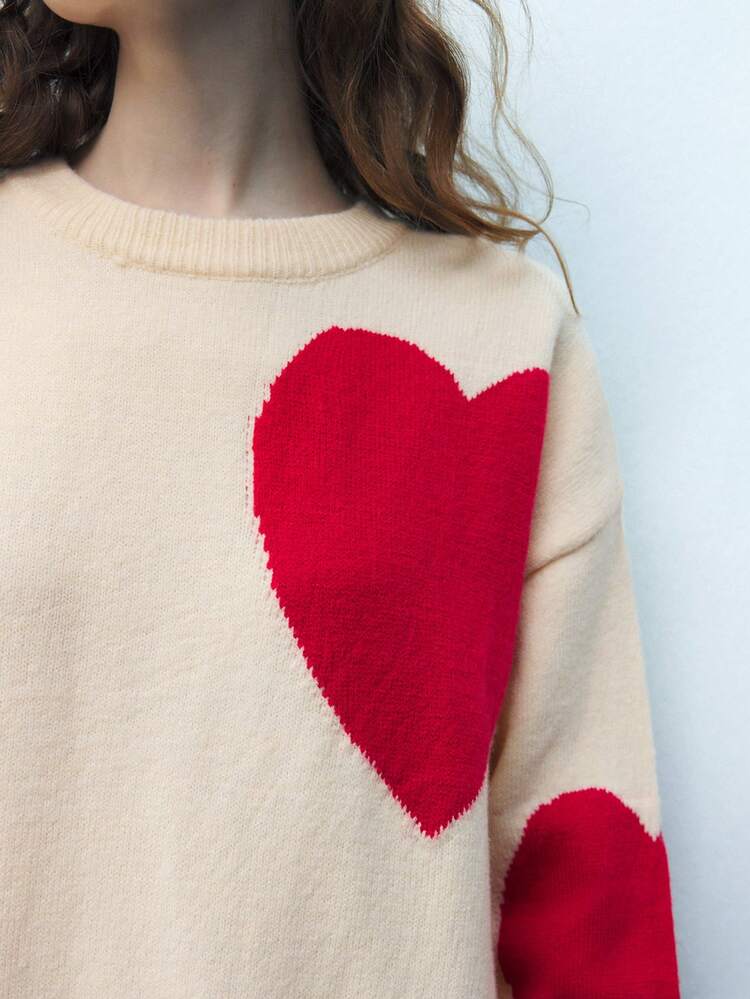 SHEIN Maija Women's Apricot Round Neck Heart Pattern Loose Comfortable Versatile Daily Casual Sweater Dress, Suitable For Spring, Valentine's Day, And Holidays Festival