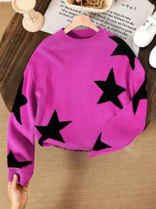 时尚潮流超大号灰色和黑色圆领长袖星星图案毛衣，适合少女 - 中紫紅色 - 查看 1