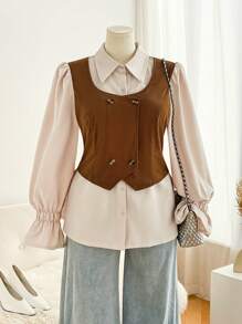 SHEIN Frenchy Plus Size Women Color Block Patchwork Fitted Cardigan, Retro College Style - Khaki - View 1