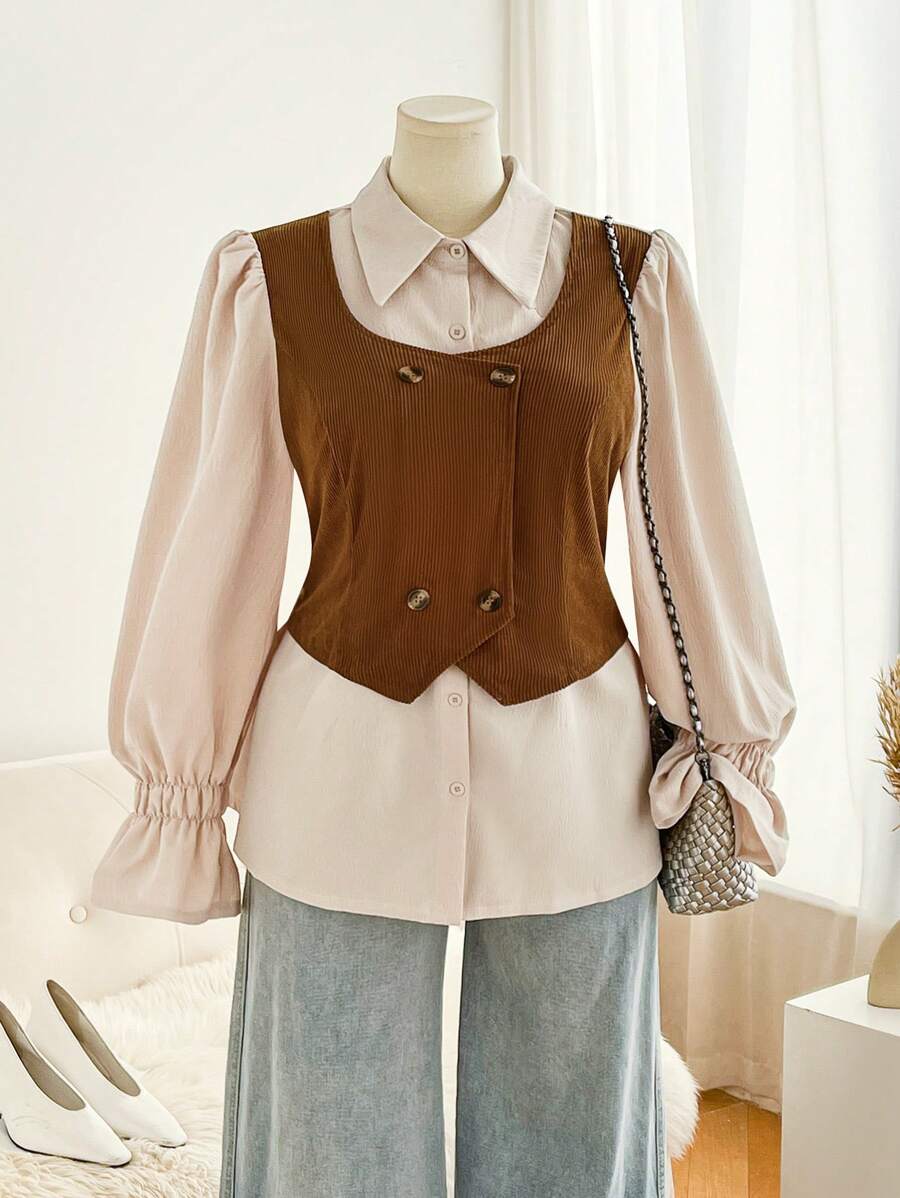 SHEIN Frenchy Plus Size Women Color Block Patchwork Fitted Cardigan, Retro College Style - Khaki - View 1