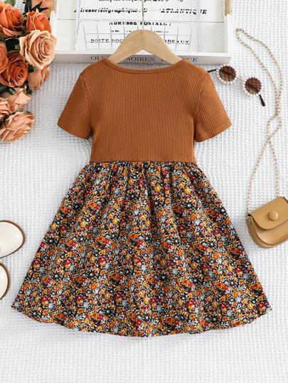 Emery Rose Kids Emery Rose Kids 年轻女孩春夏度假休闲拼布短袖连衣裙，针织纯色圆领缝线编织花裙，非常适合日常上学。