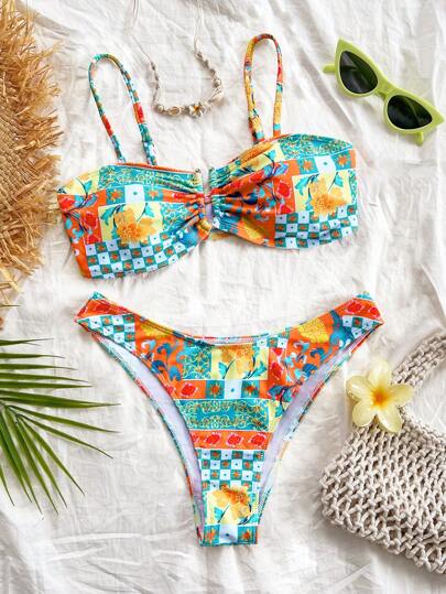 Soleia 2pcs/Set Women Colorful Floral Print U-Neck Pierced Bikini Swimwear, Swim Suits For Women, Vacation Outfit Women, Summer Outfits For Women, Beach Outfits For Women