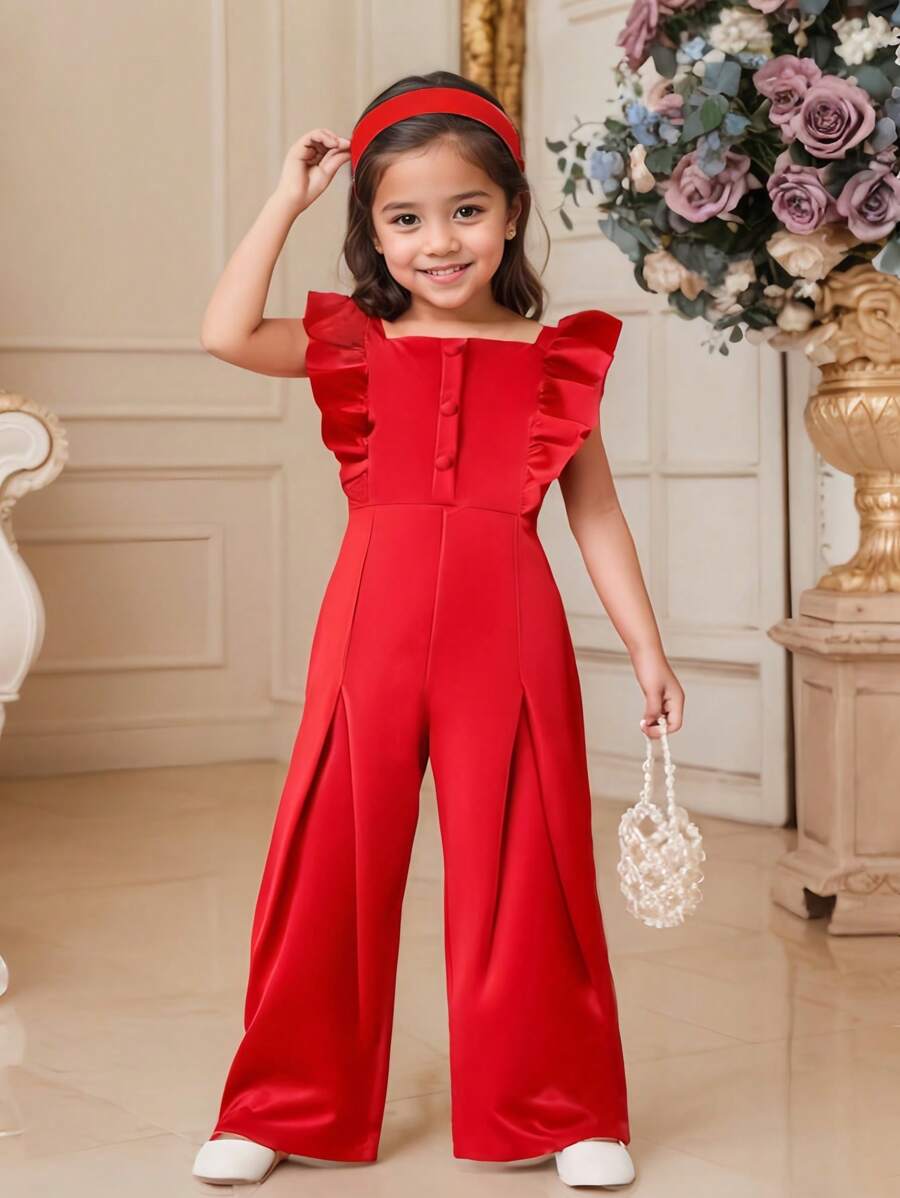 Young Girl' Ruffle Trim Wide Leg Jumpsuit, Summer - Red - View 1