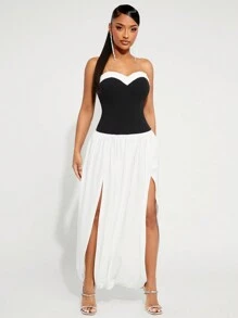 SHEIN SXY White Party/Valentine's Day Dress With Ruffle Collar, Tube, Contrast Color, Slit, Sexy Sleeveless Dress For Women