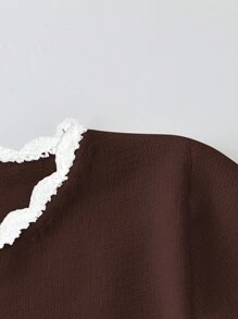 Elenzga 优雅拼色钩针女式针织毛衣裙，合身百搭，秋冬款 - 巧克力棕 - 查看 5